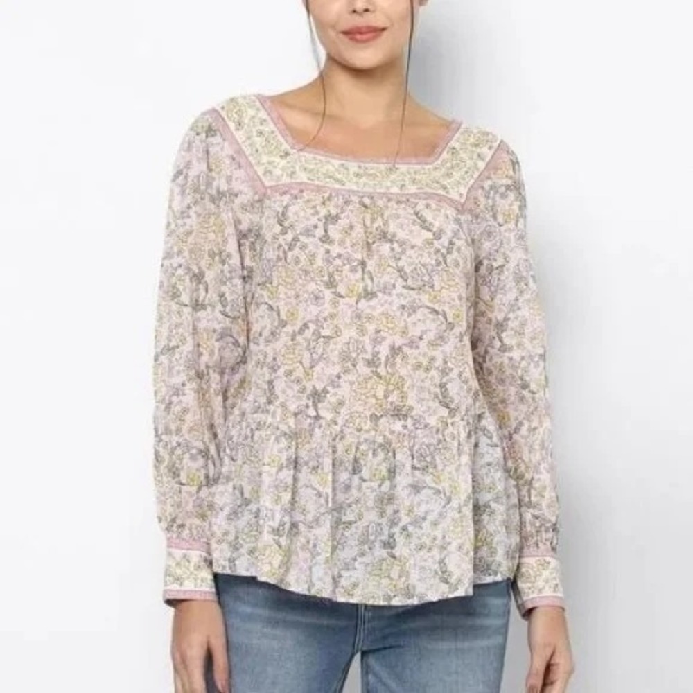 American Eagle Peasant Shirt Womens Medium Pink Cottage Prairie Floral Tiered